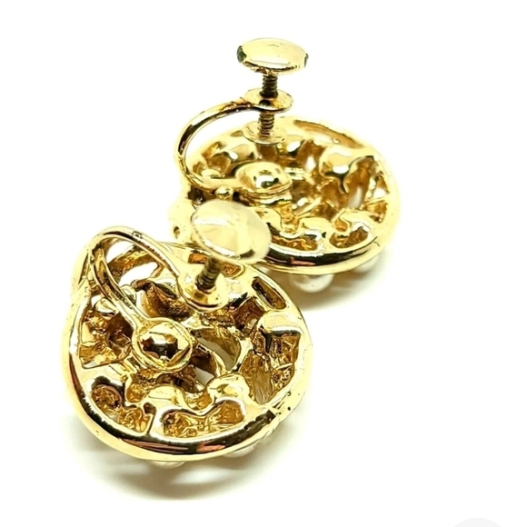 Mint Vintage 1950s Coro Craft Blue Rhinestone Faux Pearl Screw Back Earrings - Picture 13 of 13